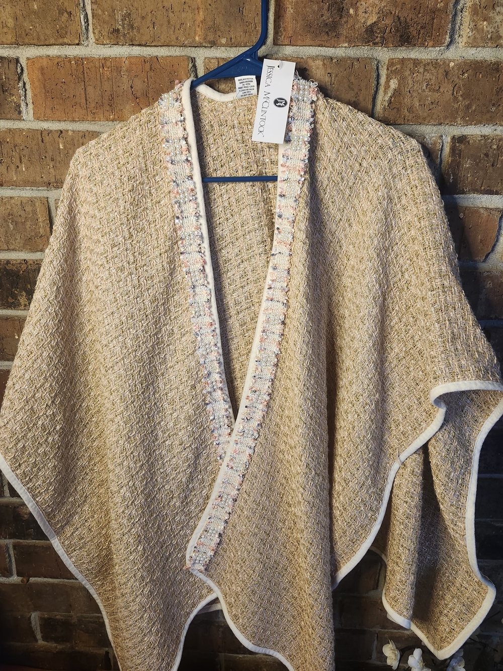 Jessica McClintock Cream Bouclé Knit Poncho with Trim